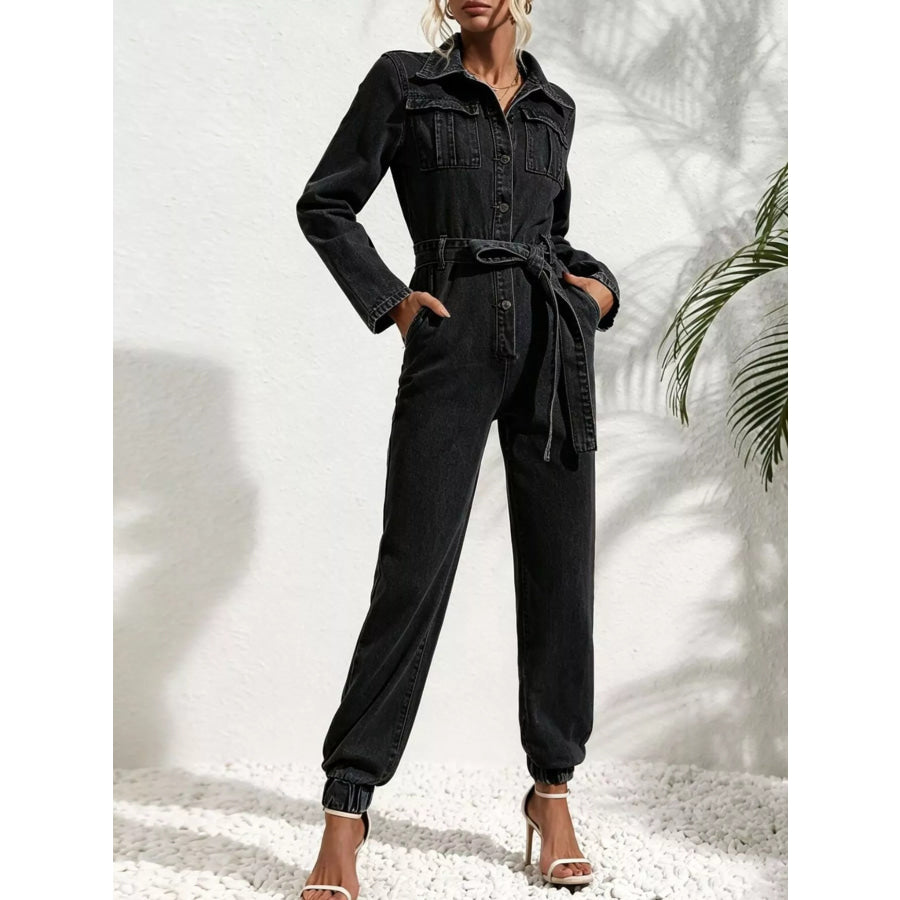 Long Sleeve Button-Up Denim Jumpsuit with Belted Waist and Elastic Cuffs Apparel Accessories