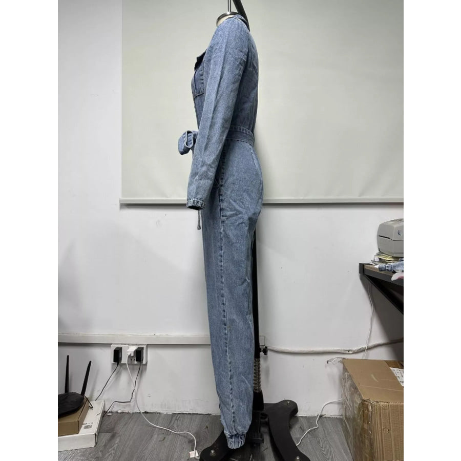 Long Sleeve Button-Up Denim Jumpsuit with Belted Waist and Elastic Cuffs Apparel Accessories