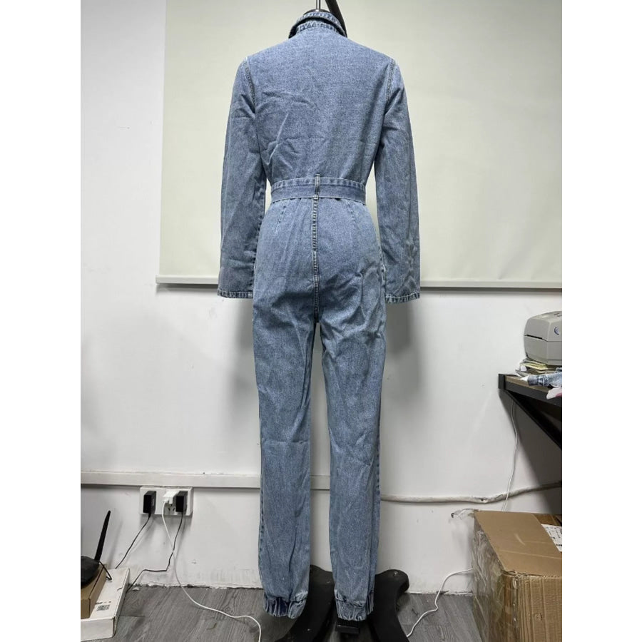 Long Sleeve Button-Up Denim Jumpsuit with Belted Waist and Elastic Cuffs Apparel Accessories