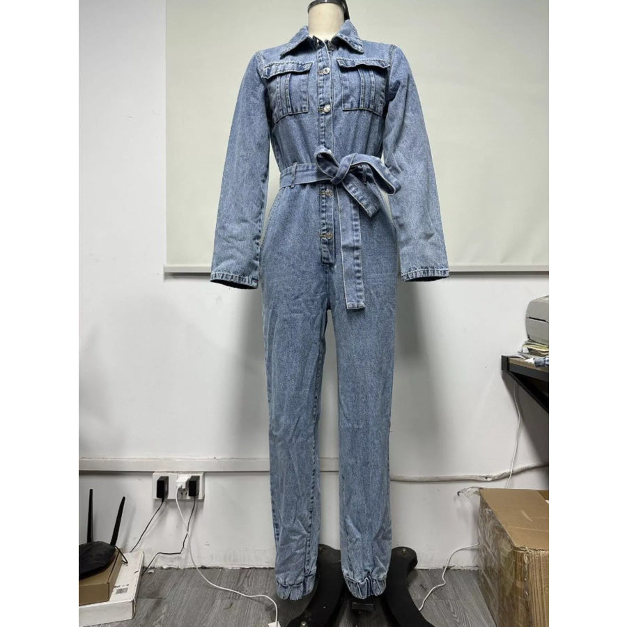 Long Sleeve Button-Up Denim Jumpsuit with Belted Waist and Elastic Cuffs Apparel Accessories