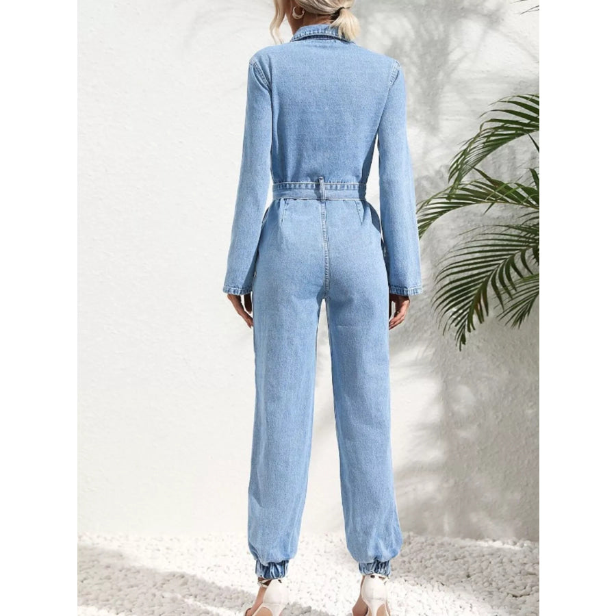 Long Sleeve Button-Up Denim Jumpsuit with Belted Waist and Elastic Cuffs Apparel Accessories