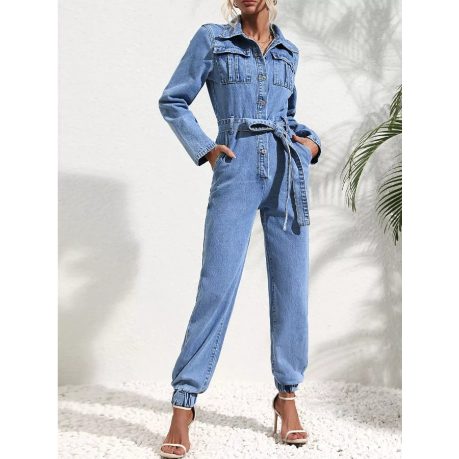 Long Sleeve Button-Up Denim Jumpsuit with Belted Waist and Elastic Cuffs Apparel Accessories