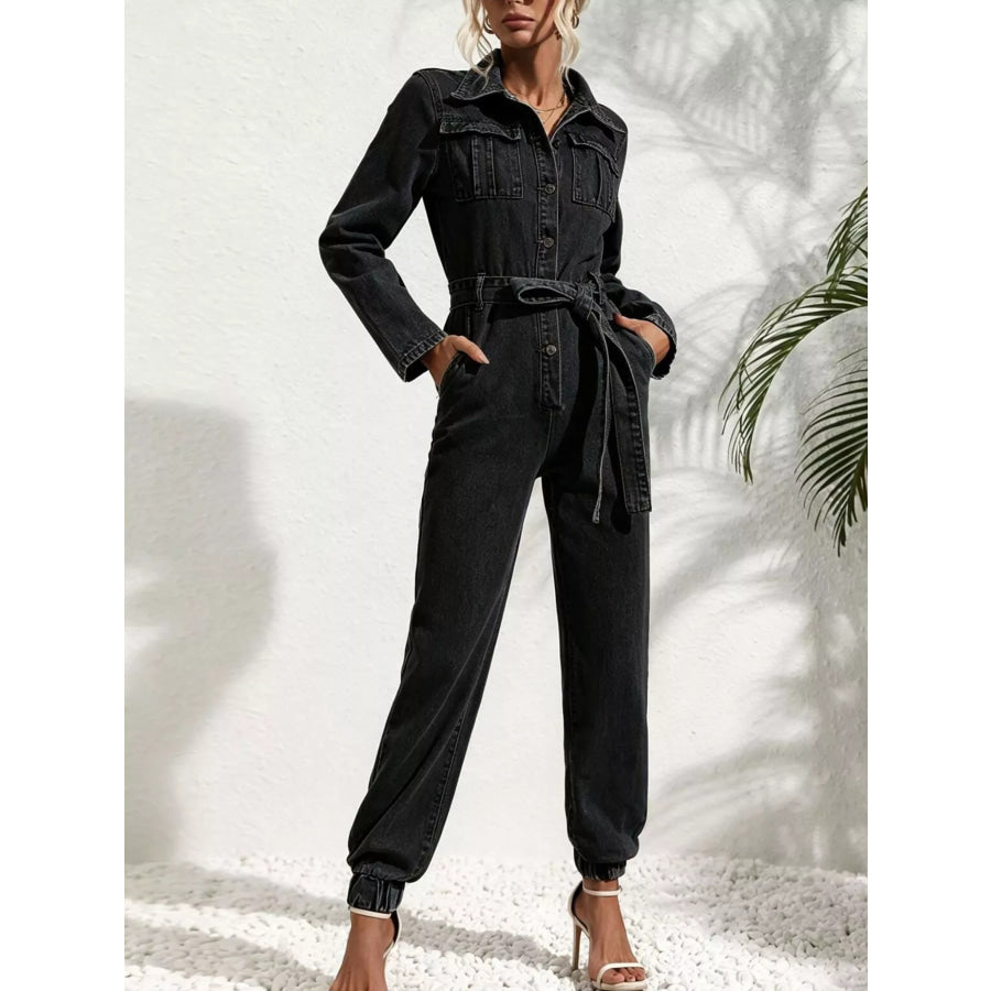 Long Sleeve Button-Up Denim Jumpsuit with Belted Waist and Elastic Cuffs Black / S Apparel Accessories