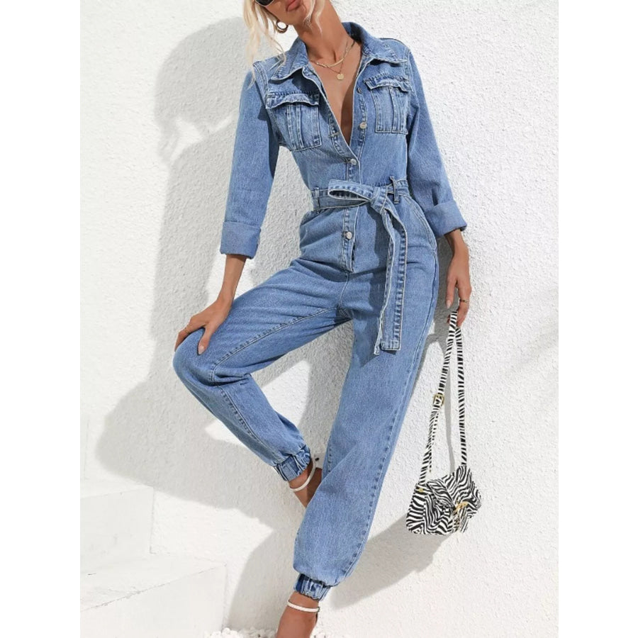 Long Sleeve Button-Up Denim Jumpsuit with Belted Waist and Elastic Cuffs Dusty Blue / S Apparel Accessories