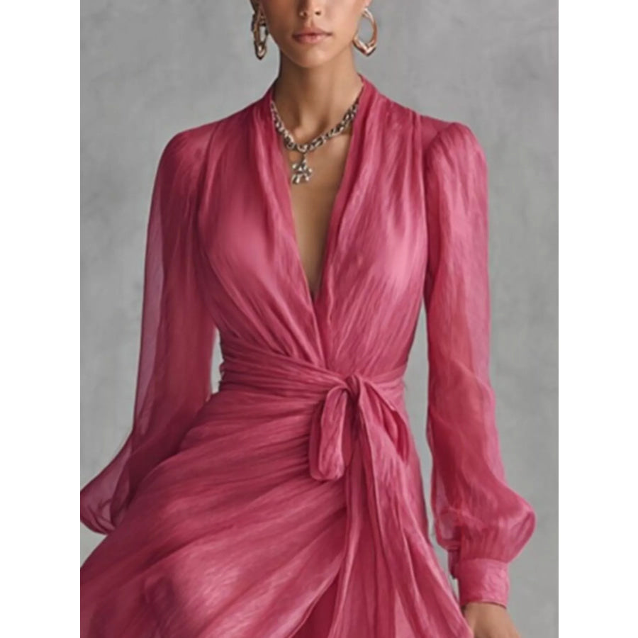 Long Sleeve Chiffon Wrap Maxi Dress with High Slit Strawberry / XS Apparel and Accessories