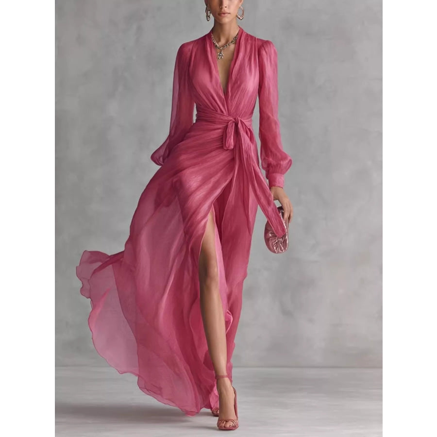 Long Sleeve Chiffon Wrap Maxi Dress with High Slit Strawberry / XS Apparel and Accessories
