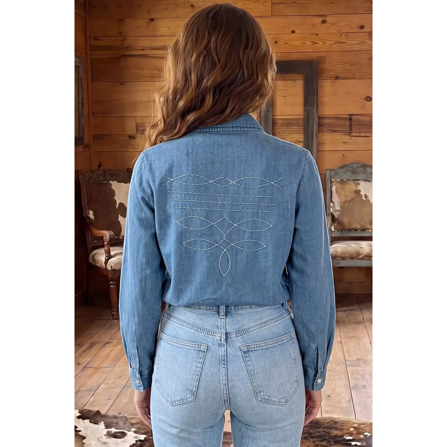 Long Sleeve Collared Neck Denim Shirt Medium / S Apparel and Accessories