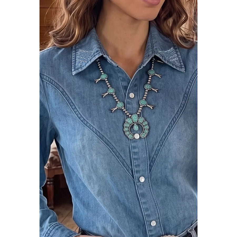 Long Sleeve Collared Neck Denim Shirt Apparel and Accessories