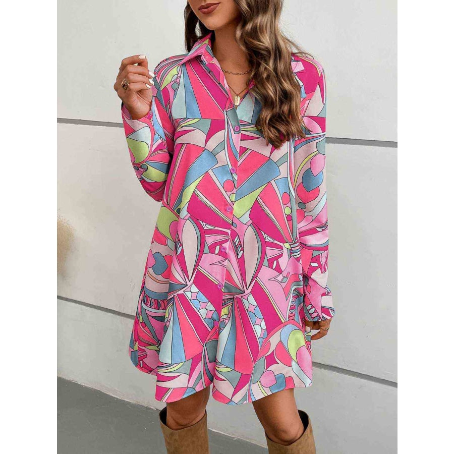 Long Sleeve Collared Shirt Dress Hot Pink / S