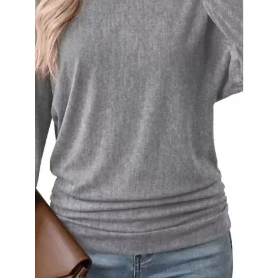 Long Sleeve Crew Neck Casual T-Shirt with Ruched Hem Apparel and Accessories
