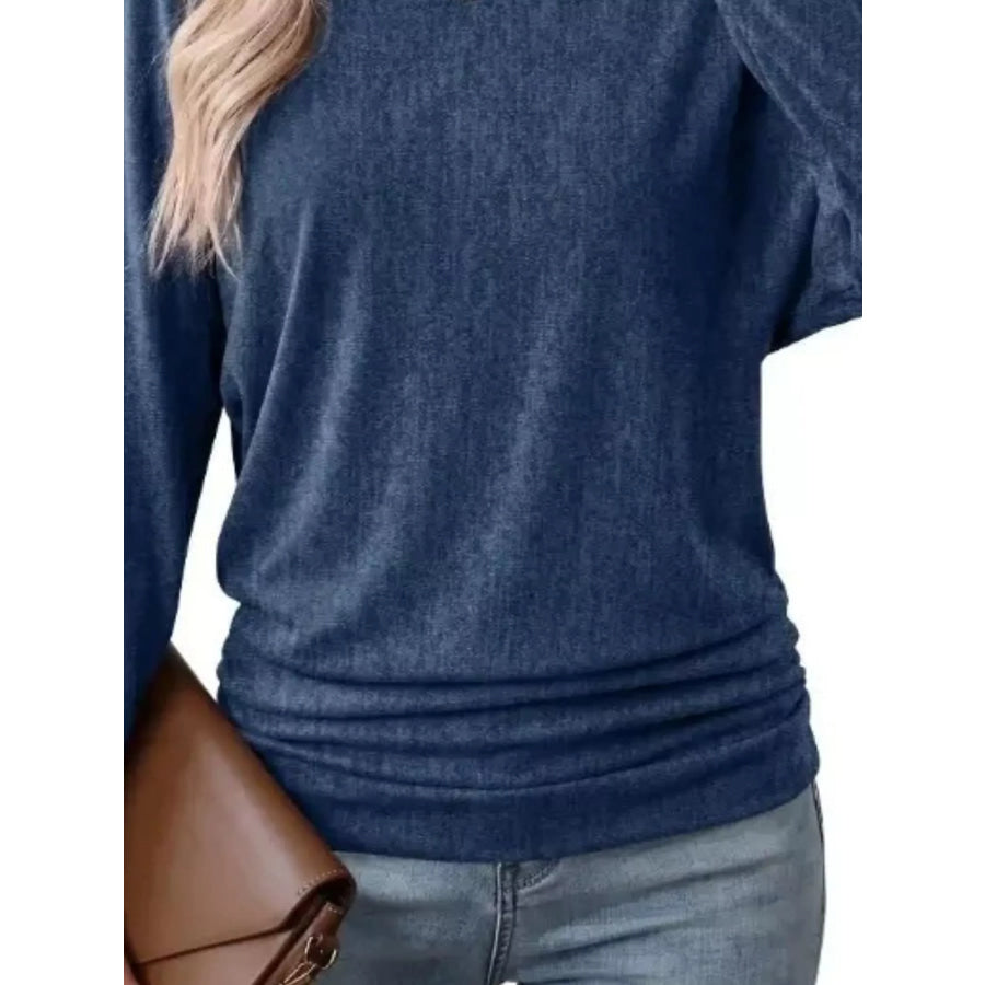 Long Sleeve Crew Neck Casual T-Shirt with Ruched Hem Apparel and Accessories