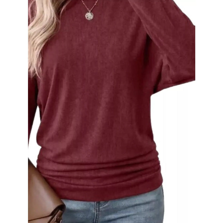 Long Sleeve Crew Neck Casual T-Shirt with Ruched Hem Apparel and Accessories