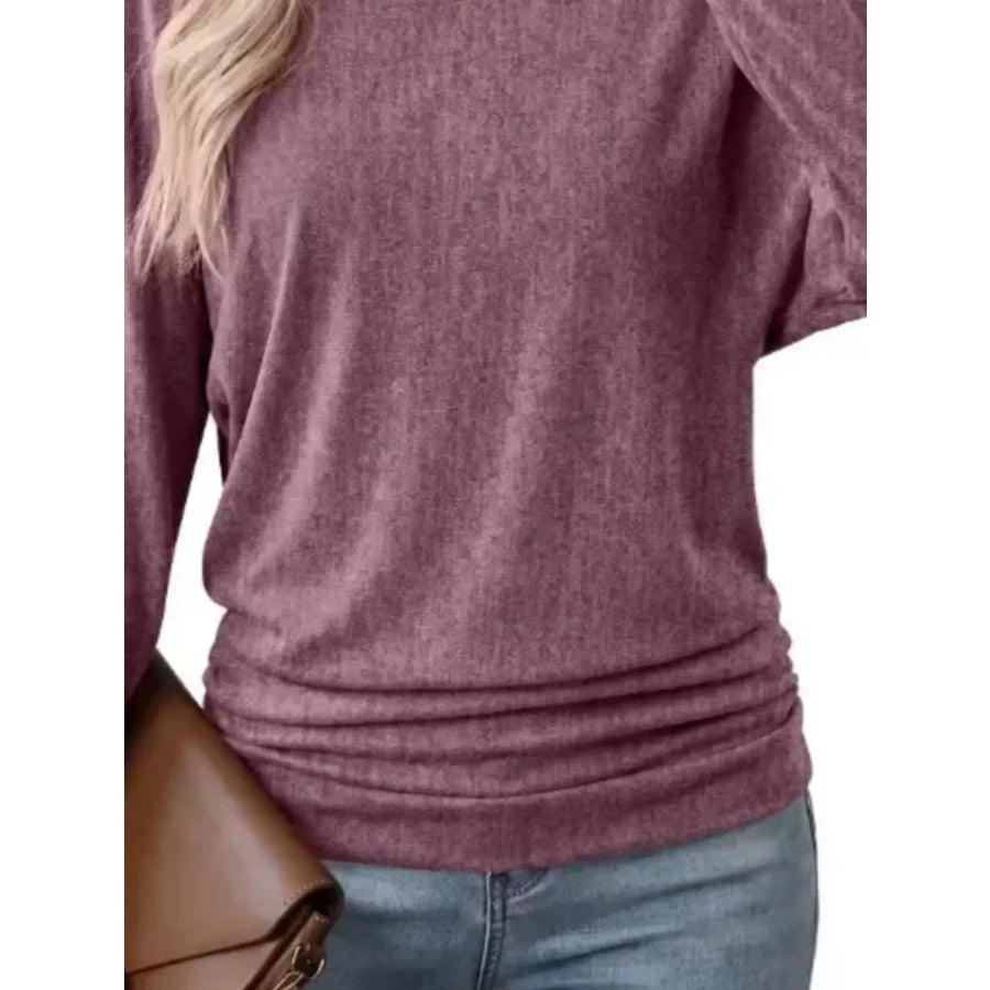 Long Sleeve Crew Neck Casual T-Shirt with Ruched Hem Apparel and Accessories