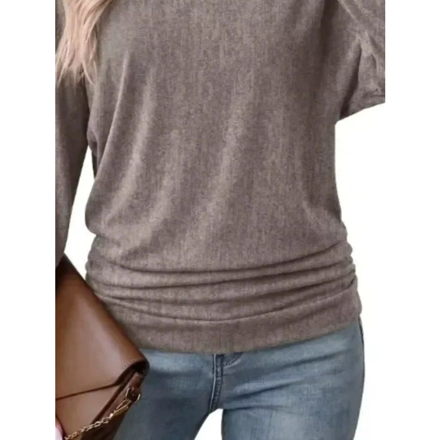Long Sleeve Crew Neck Casual T-Shirt with Ruched Hem Apparel and Accessories