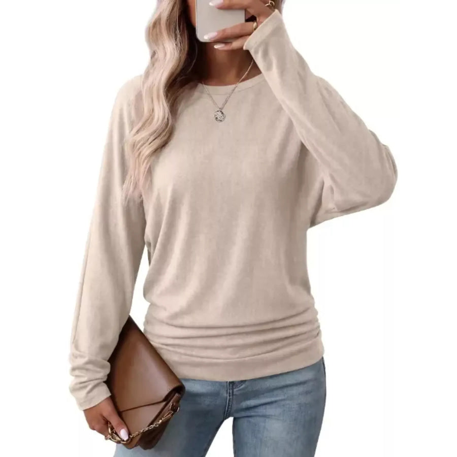 Long Sleeve Crew Neck Casual T-Shirt with Ruched Hem Apricot / S Apparel and Accessories