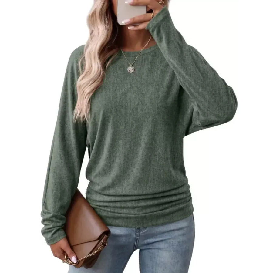 Long Sleeve Crew Neck Casual T-Shirt with Ruched Hem Army Green / S Apparel and Accessories