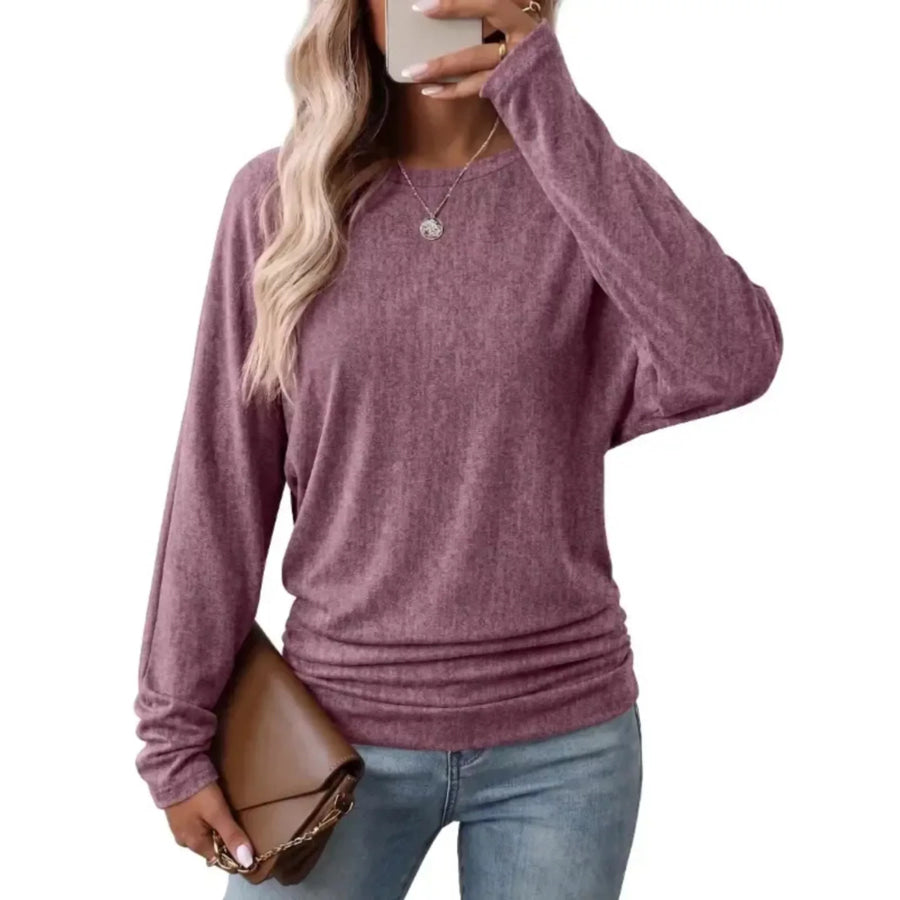 Long Sleeve Crew Neck Casual T-Shirt with Ruched Hem Beige / S Apparel and Accessories