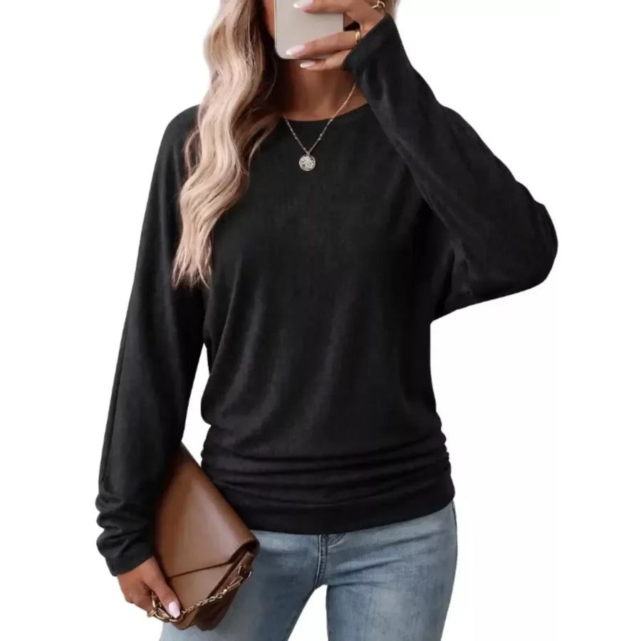 Long Sleeve Crew Neck Casual T-Shirt with Ruched Hem Black / S Apparel and Accessories