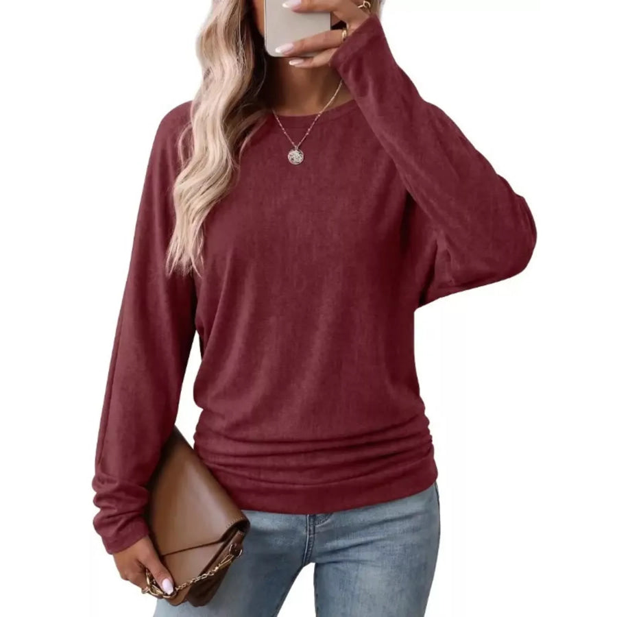 Long Sleeve Crew Neck Casual T-Shirt with Ruched Hem Burgundy / S Apparel and Accessories