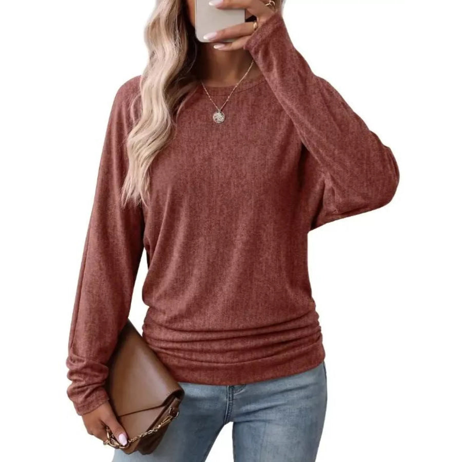Long Sleeve Crew Neck Casual T-Shirt with Ruched Hem Caramel / S Apparel and Accessories