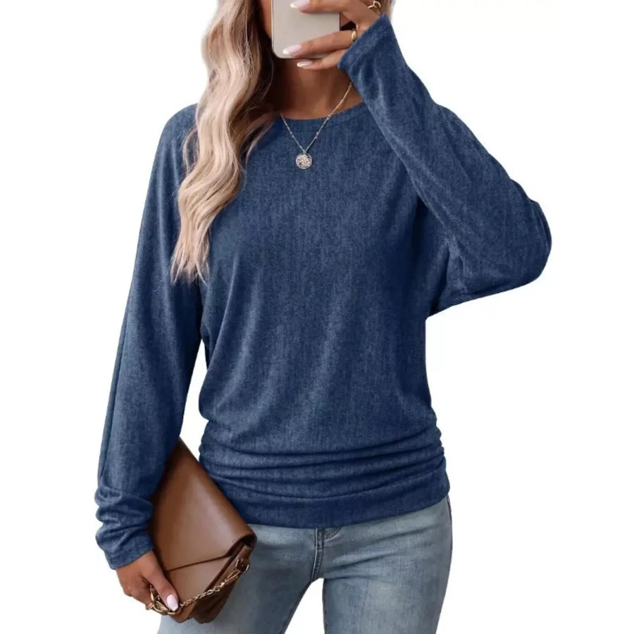 Long Sleeve Crew Neck Casual T-Shirt with Ruched Hem Dark Blue / S Apparel and Accessories