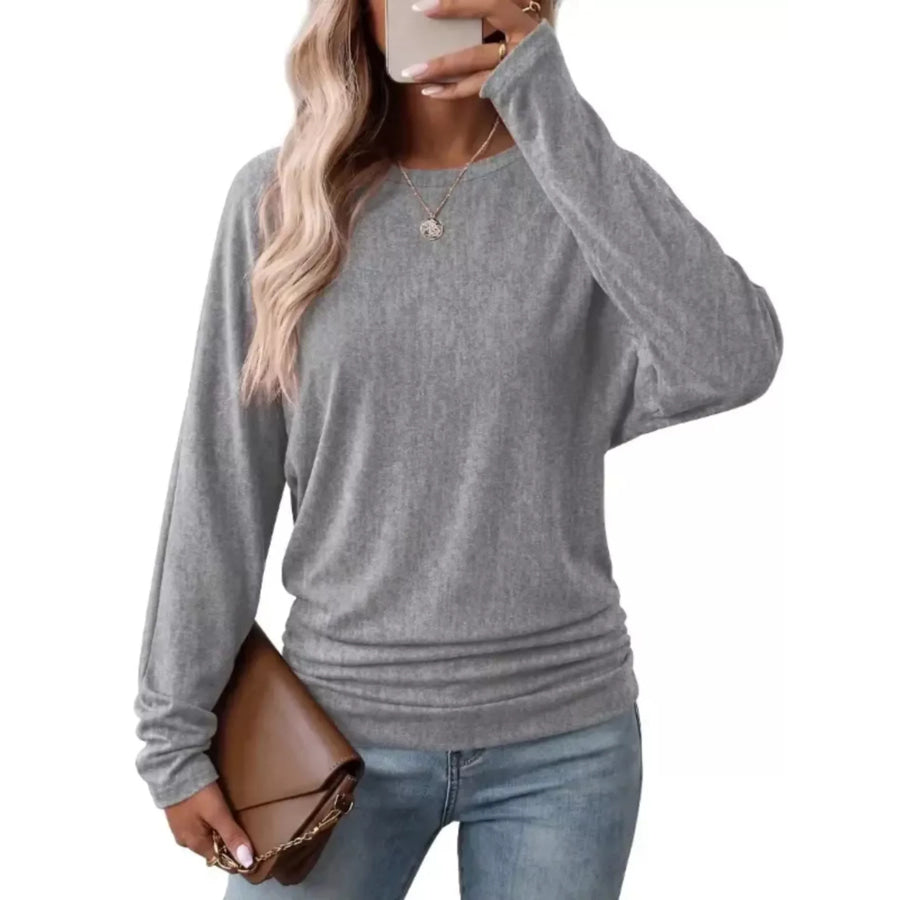 Long Sleeve Crew Neck Casual T-Shirt with Ruched Hem Gray / S Apparel and Accessories