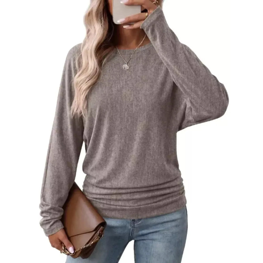 Long Sleeve Crew Neck Casual T-Shirt with Ruched Hem Khaki / S Apparel and Accessories
