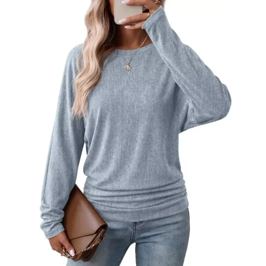 Long Sleeve Crew Neck Casual T-Shirt with Ruched Hem Light Blue / S Apparel and Accessories