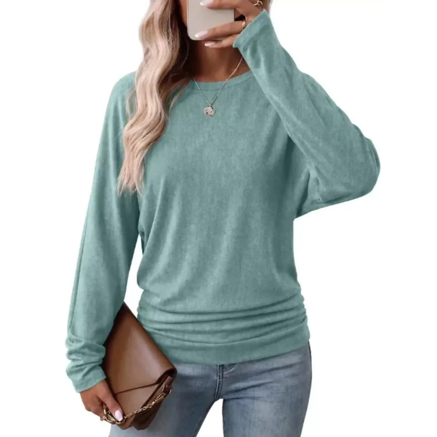 Long Sleeve Crew Neck Casual T-Shirt with Ruched Hem Light Gray / S Apparel and Accessories