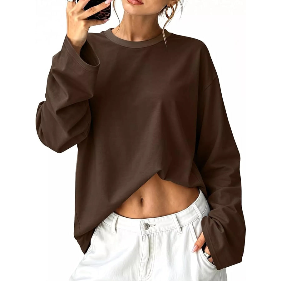 Long Sleeve Crew Neck T-Shirt Dark Brown / XS Apparel and Accessories