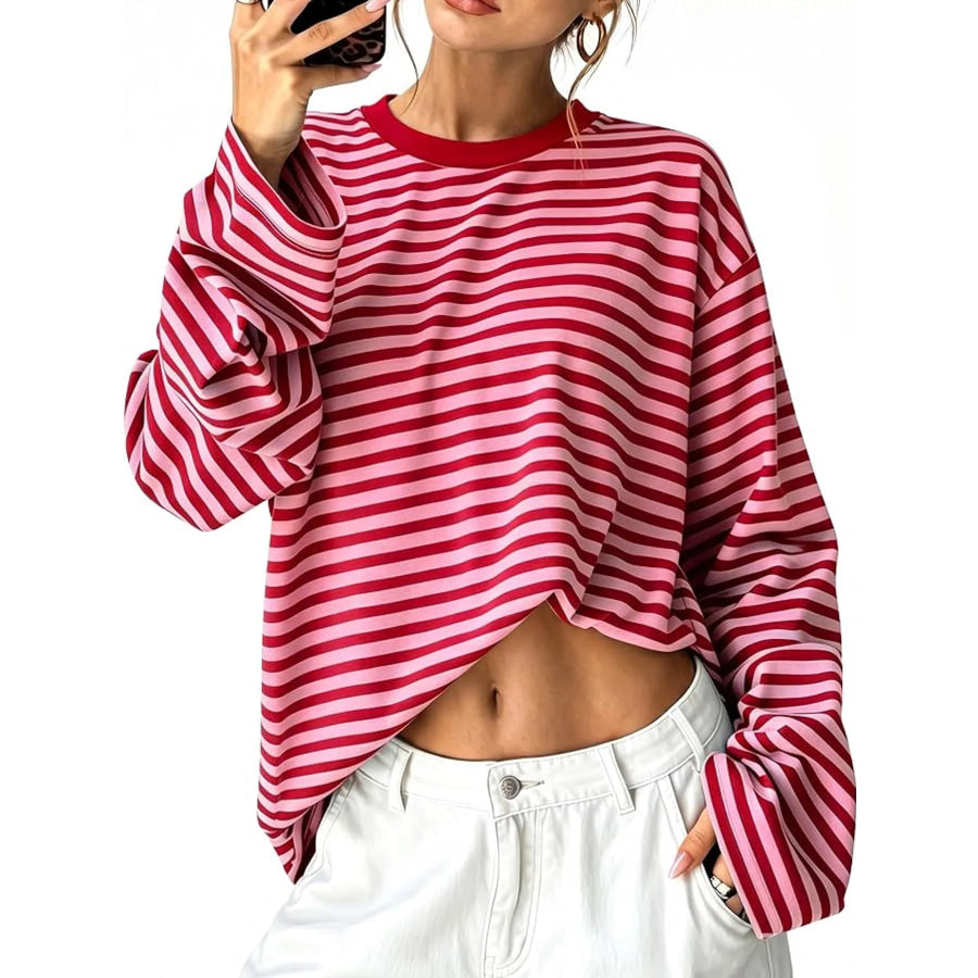 Long Sleeve Crew Neck T-Shirt Rose Red / XS Apparel and Accessories