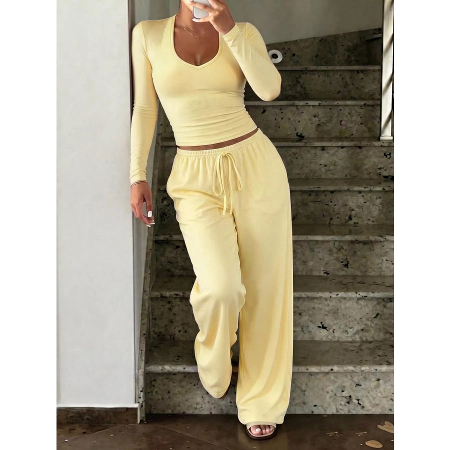 Long Sleeve Crop Top and Wide-Leg Pant Set Apparel Accessories