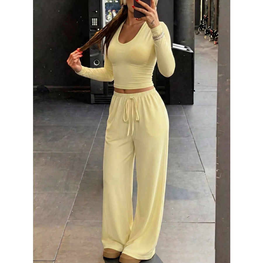 Long Sleeve Crop Top and Wide-Leg Pant Set Apparel Accessories