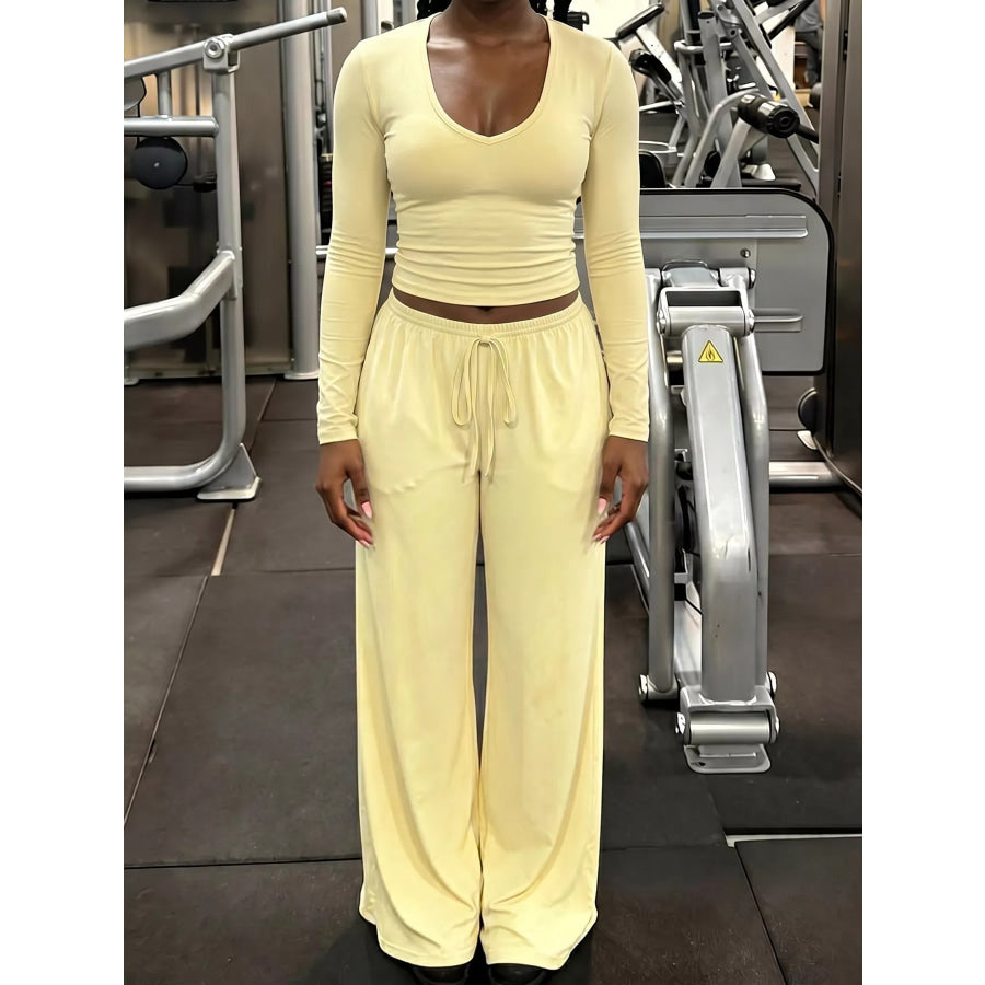 Long Sleeve Crop Top and Wide-Leg Pant Set Apparel Accessories