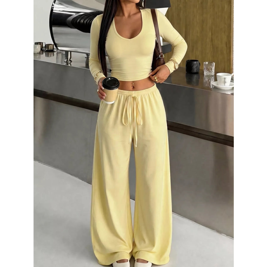 Long Sleeve Crop Top and Wide-Leg Pant Set Yellow / S Apparel Accessories