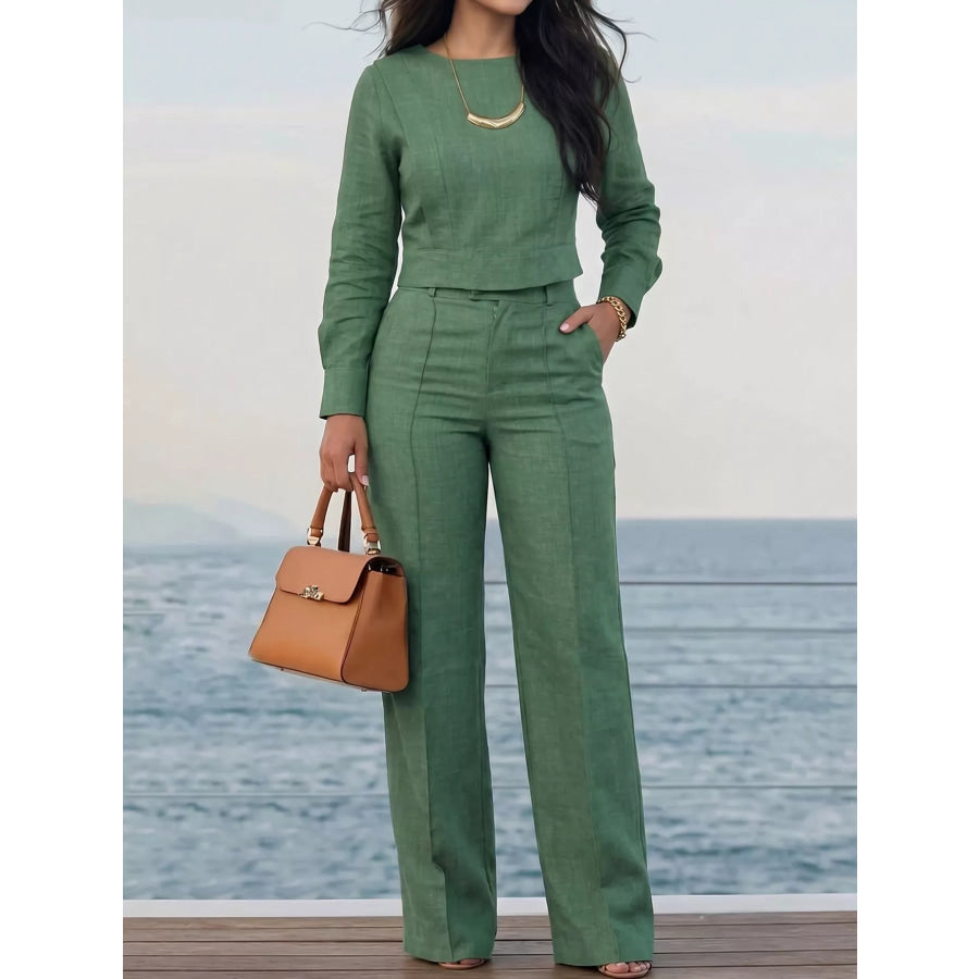 Long-Sleeve Crop Top and Wide-Leg Pants Set Apparel Accessories