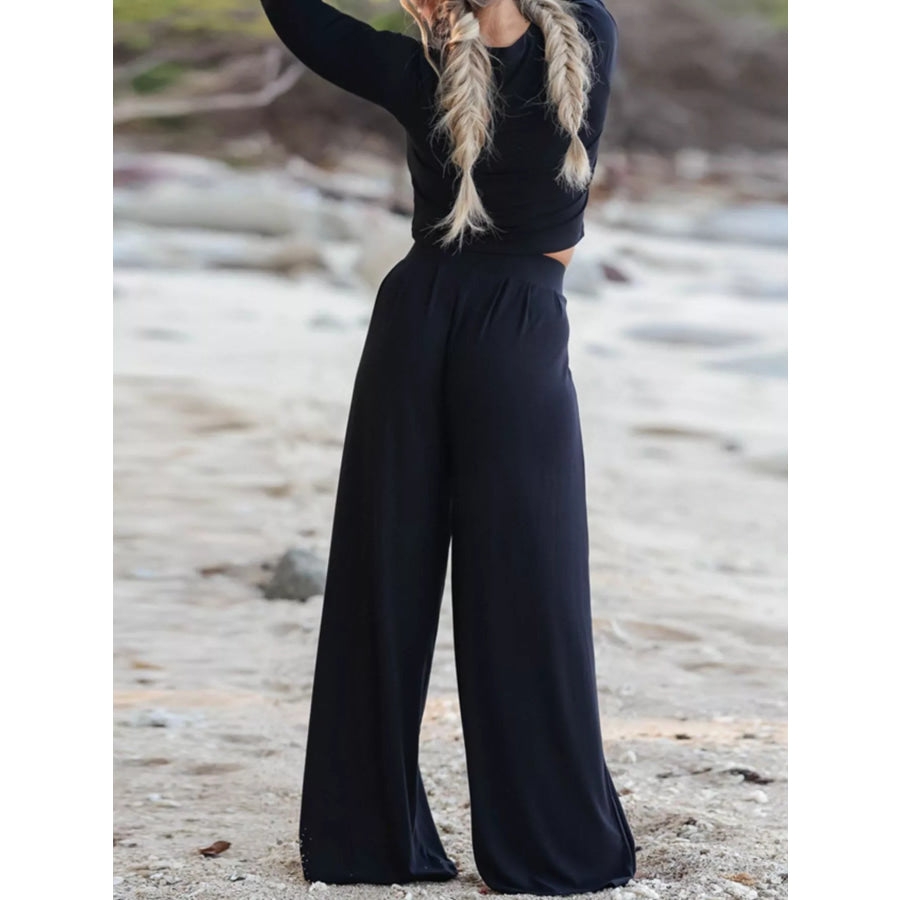 Long Sleeve Crop Top and Wide-Leg Pants Set Apparel and Accessories