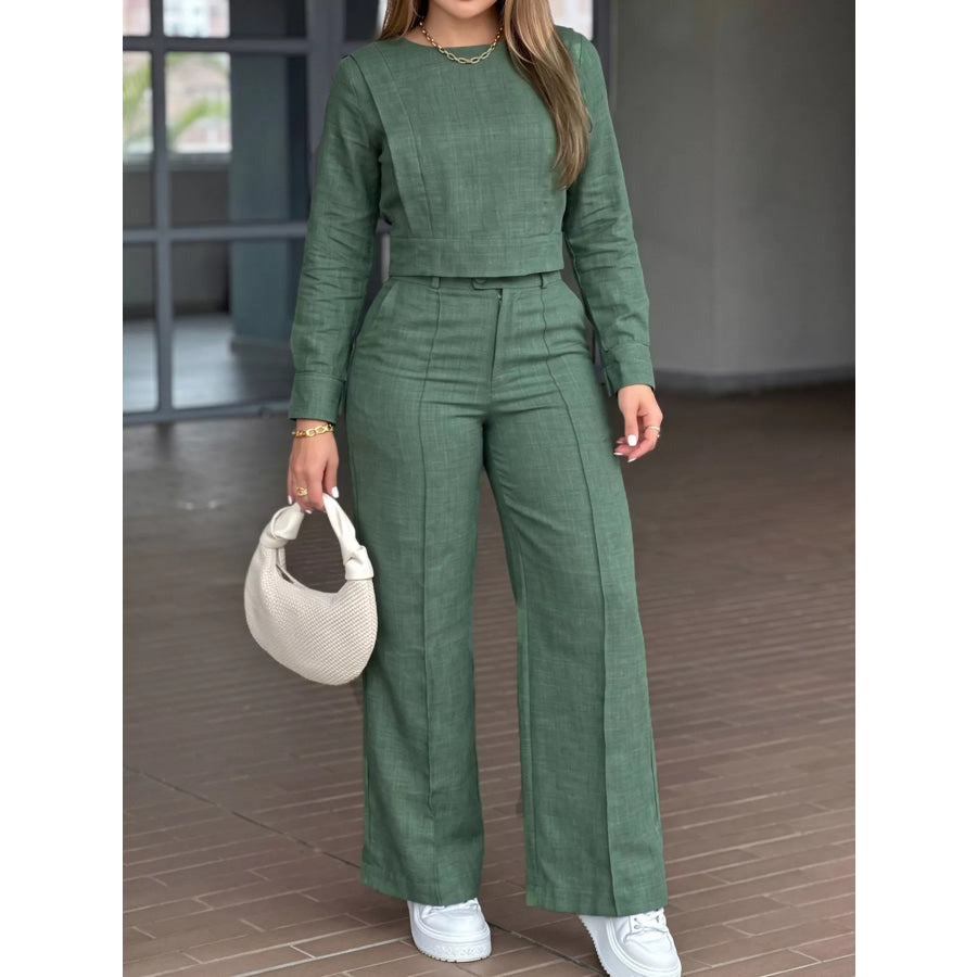 Long-Sleeve Crop Top and Wide-Leg Pants Set Green / S Apparel Accessories
