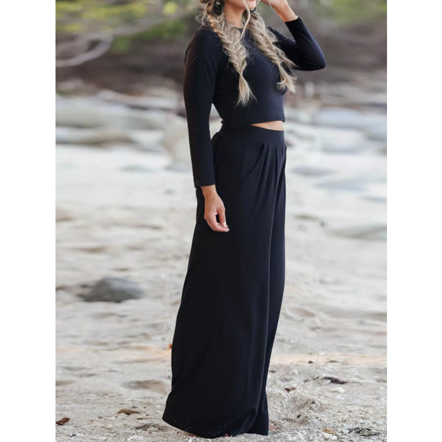 Long Sleeve Crop Top and Wide-Leg Pants Set Apparel and Accessories