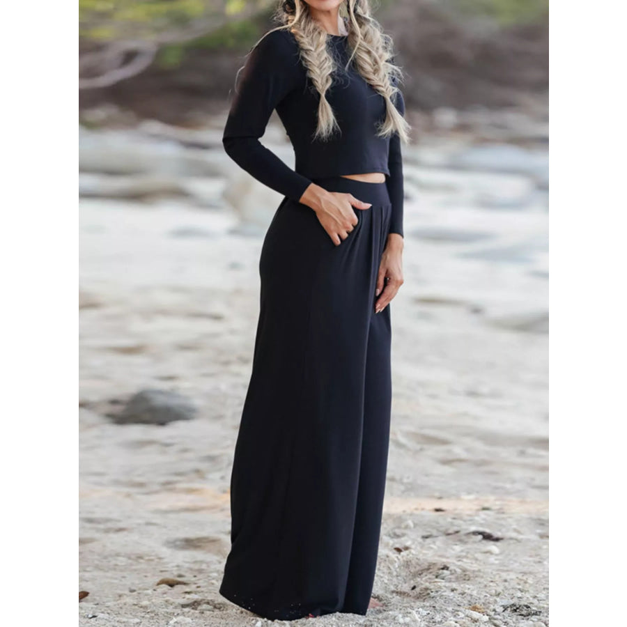 Long Sleeve Crop Top and Wide-Leg Pants Set Apparel and Accessories