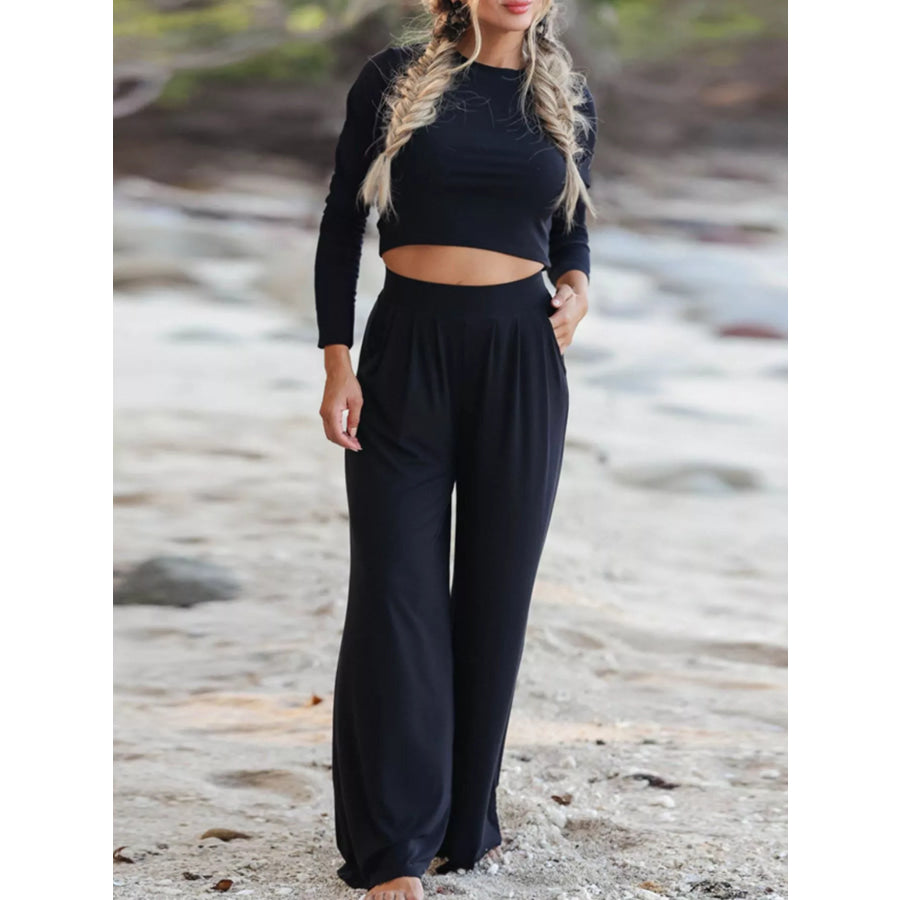 Long Sleeve Crop Top and Wide-Leg Pants Set Black / S Apparel and Accessories