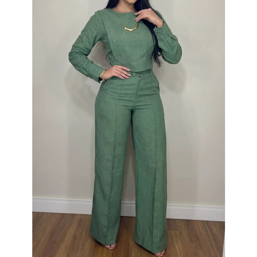 Long-Sleeve Crop Top and Wide-Leg Pants Set Green / S Apparel Accessories