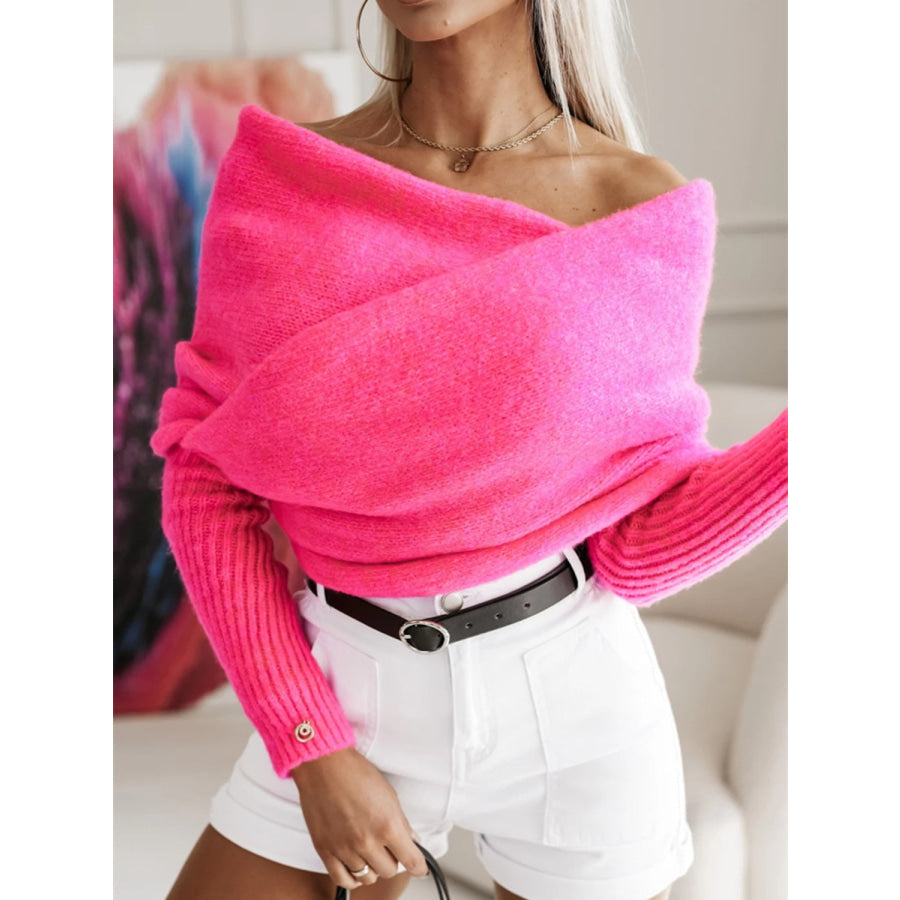 Long Sleeve Cropped Knit Top Hot Pink / One Size Apparel and Accessories