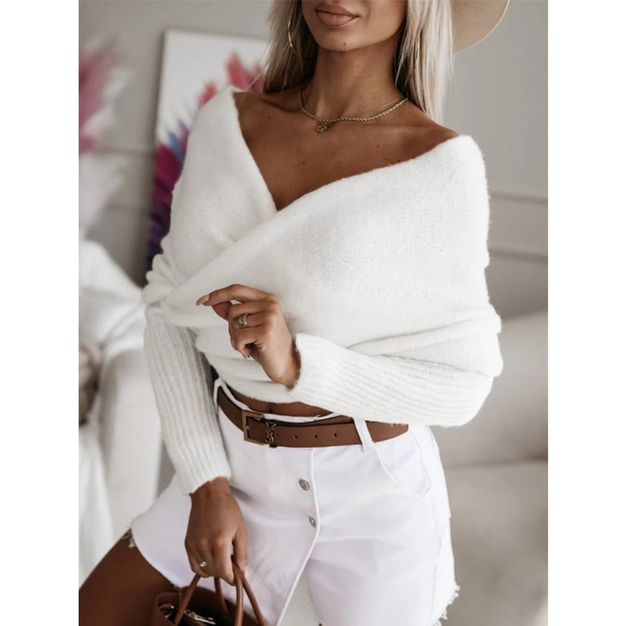 Long Sleeve Cropped Knit Top White / One Size Apparel and Accessories