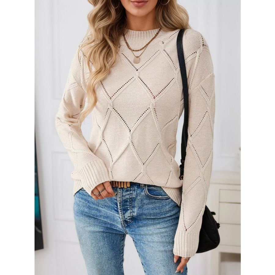 Long Sleeve Diamond Eyelet Knit Top Apparel and Accessories