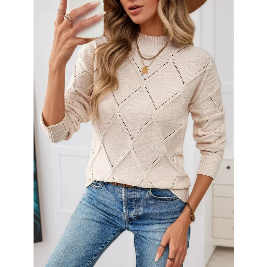 Long Sleeve Diamond Eyelet Knit Top Beige / S Apparel and Accessories