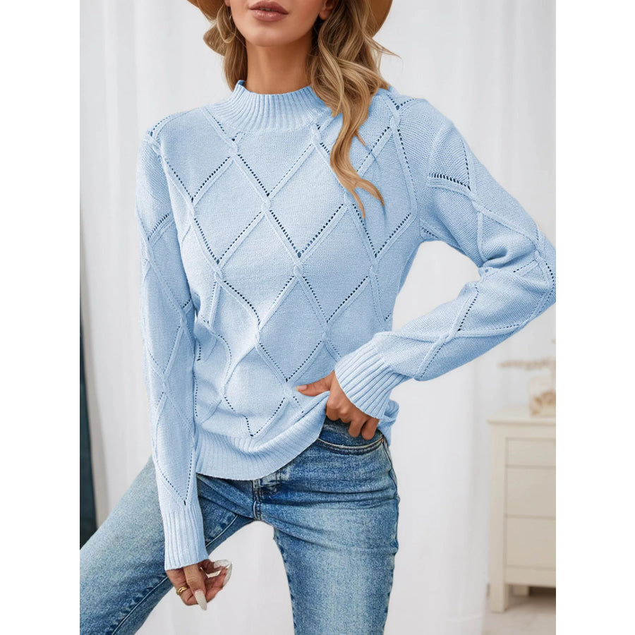 Long Sleeve Diamond Eyelet Knit Top Light Blue / S Apparel and Accessories