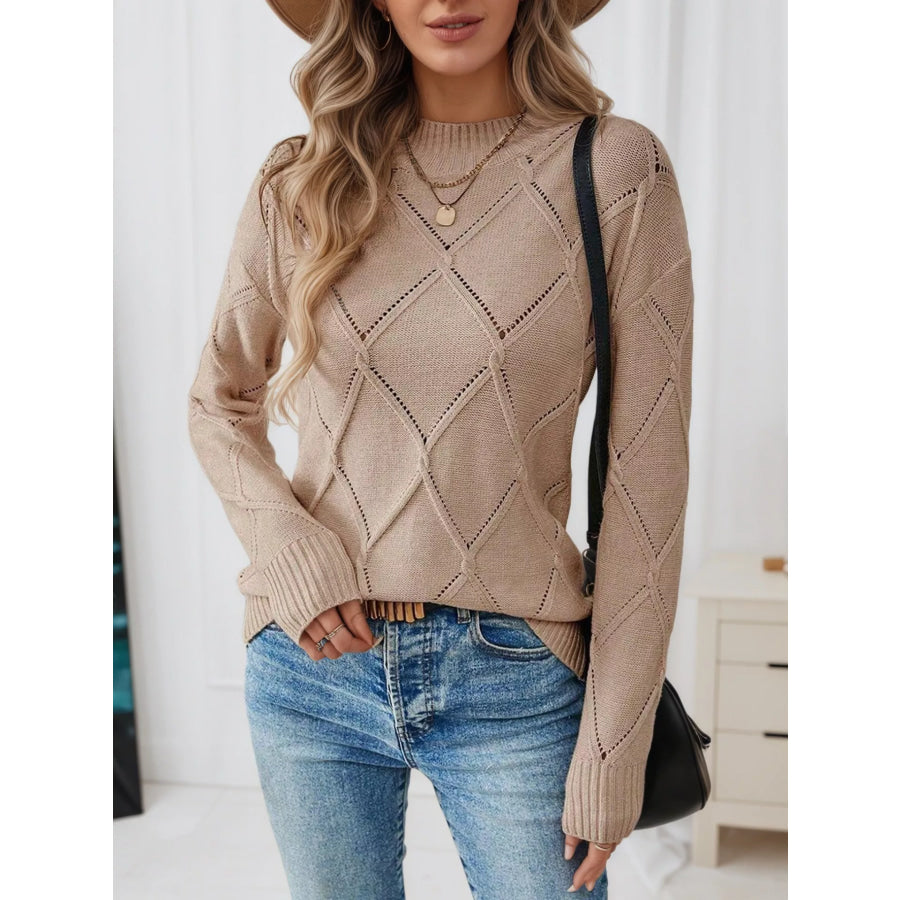 Long Sleeve Diamond Eyelet Knit Top Mocha / S Apparel and Accessories