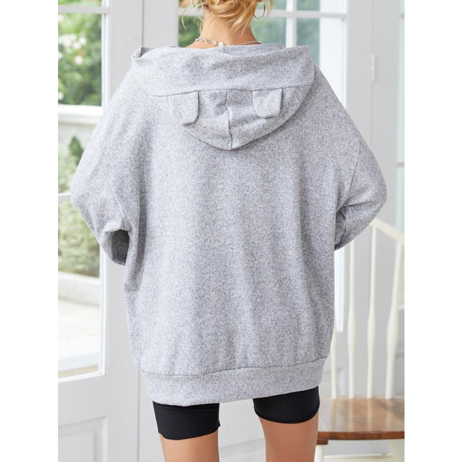 Long Sleeve Dropped Shoulder Hoodie with Ears Gray / S Apparel and Accessories