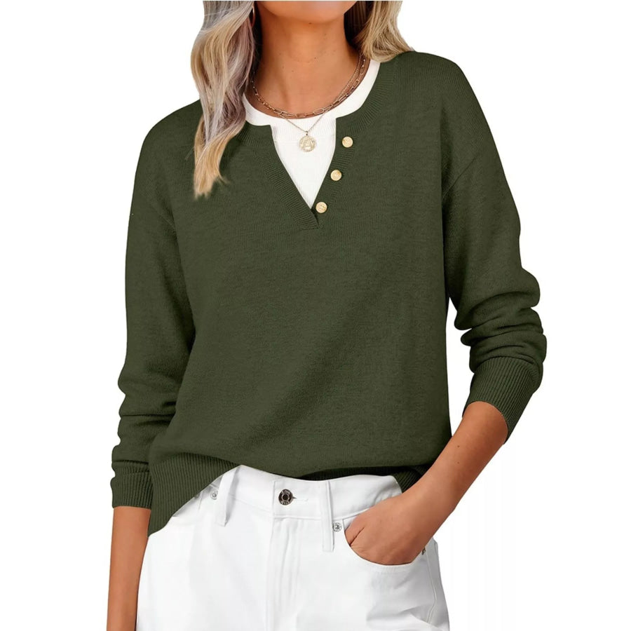 Long Sleeve Dropped Shoulder Sweater Army Green / S Apparel and Accessories
